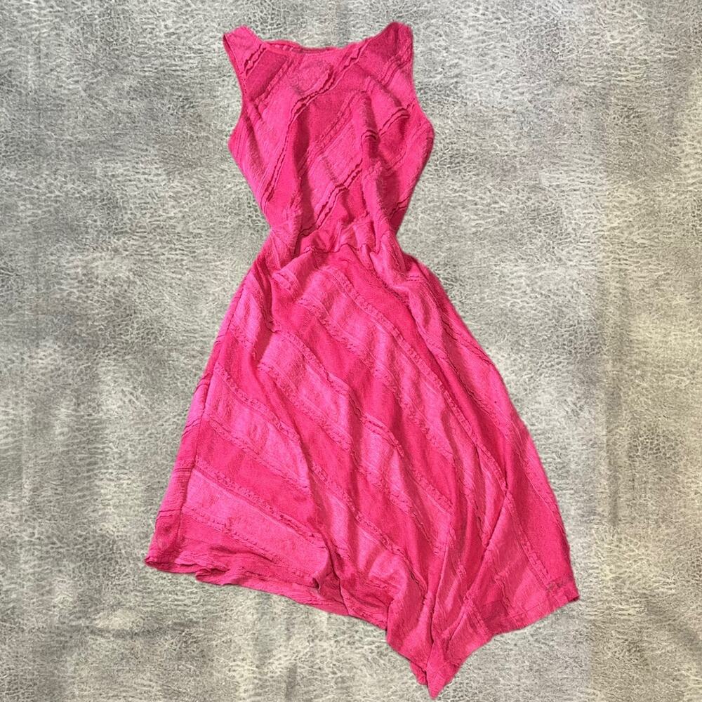 Pink Textured Striped Asymmetrical Midi Dress